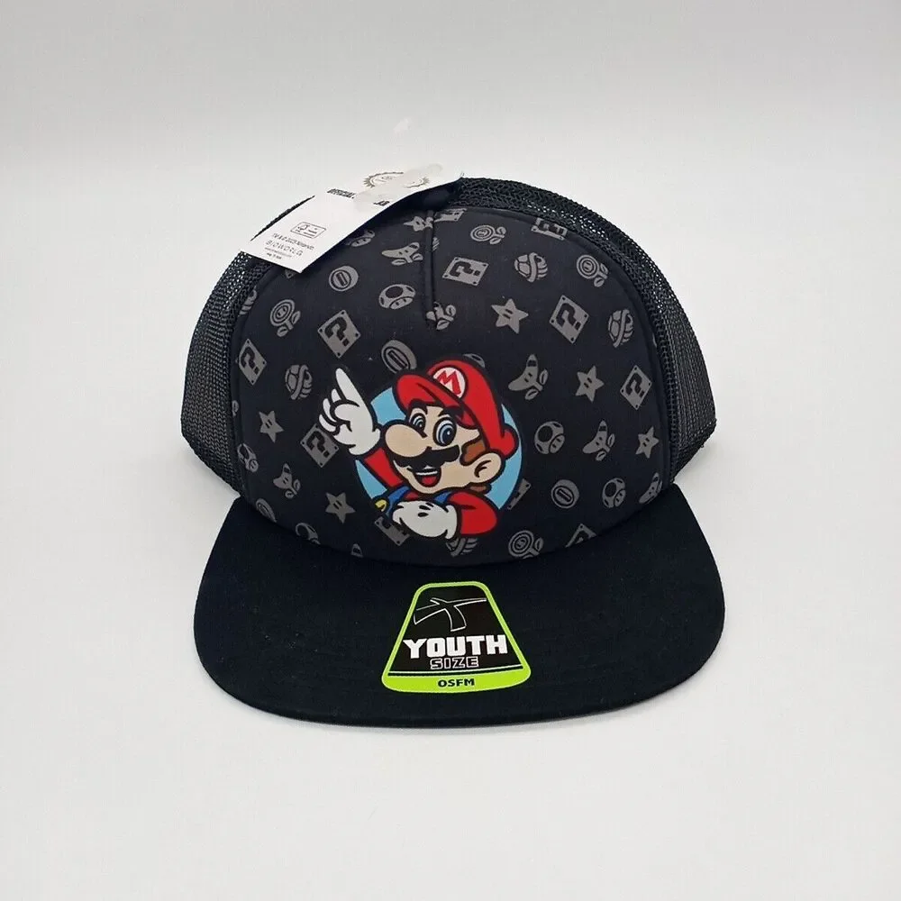 Nintendo Super Mario Bros Youth Sized Adjustable Snapback Hat Cap Black Youth OS